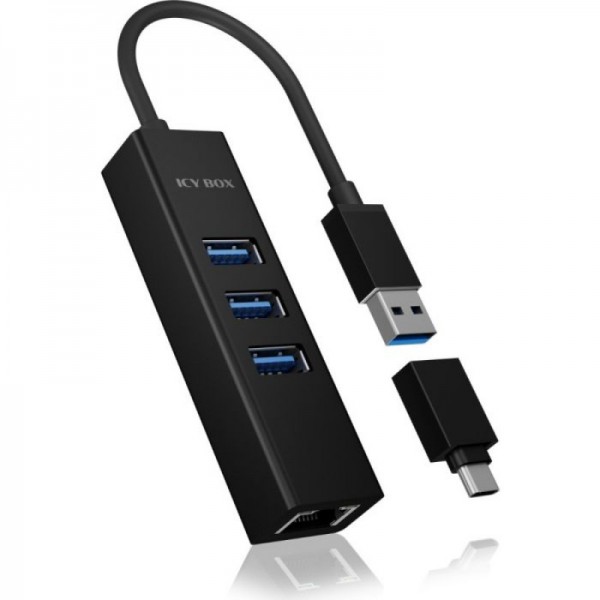 IcyBox IB-HUB1419-LAN USB-A/C mrežna kartica in 4-portni HUB