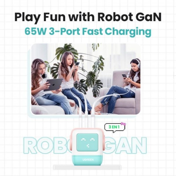 Ugreen Nexode Robot GaN 65W Polnilnik - Roza Ugreen Nexode Robot GaN 65W Polnilnik - Roza