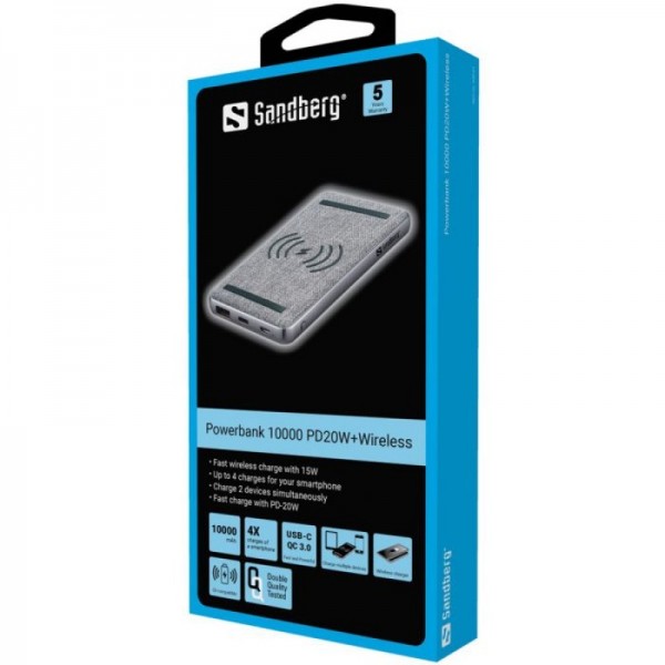 Sandberg Powerbank 10000 mAh PD20W+Wireless prenosna baterija Sandberg Powerbank 10000 mAh PD20W+Wireless prenosna baterija