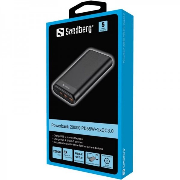 Sandberg Powerbank 20000 mAh PD65W+2xQC3.0 prenosna baterija Sandberg Powerbank 20000 mAh PD65W+2xQC3.0 prenosna baterija