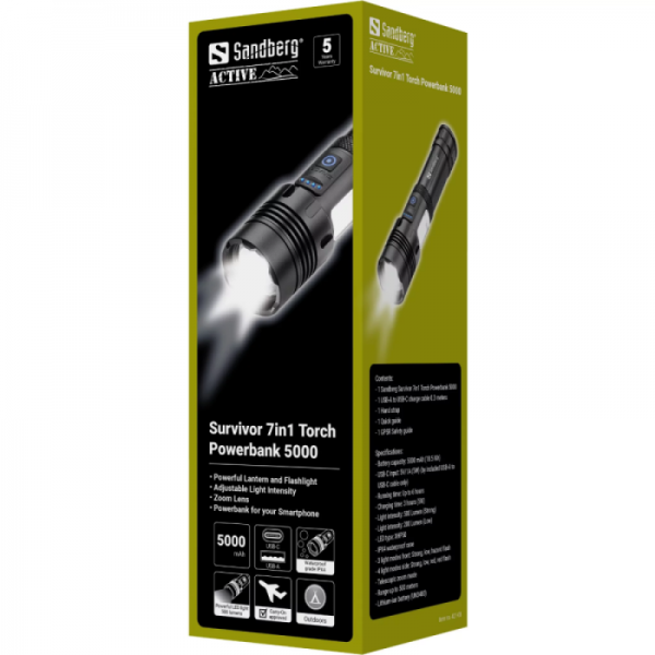 Sandberg Survivor 7-v-1 Torch Powerbank 5000 svetilka s prenosno baterijo