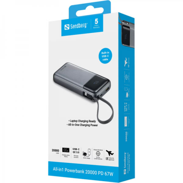 Sandberg All-in1 Powerbank 20000 PD 67W prenosna baterija Sandberg All-in1 Powerbank 20000 PD 67W prenosna baterija