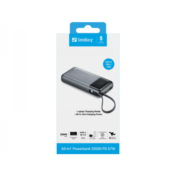 Sandberg All-in1 Powerbank 20000 PD 67W prenosna baterija Sandberg All-in1 Powerbank 20000 PD 67W prenosna baterija