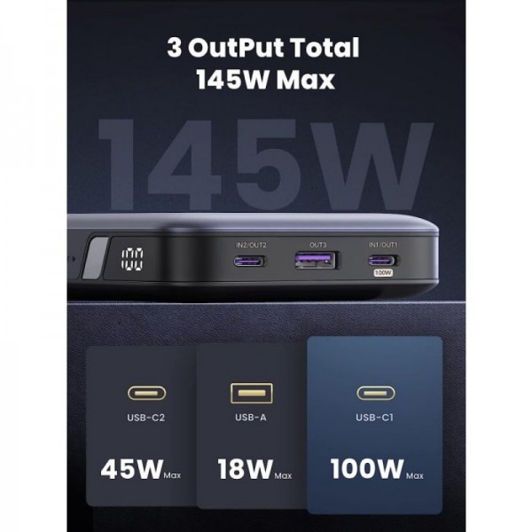 Ugreen 145W 25000mAh Prenosna baterija za prenosni računalnik s tremi vrati Ugreen 145W 25000mAh Prenosna baterija za prenosni računalnik s tremi vrati