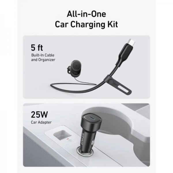 Anker MagGo brezžični avtopolnilec z vgrajenim USB-C kablom, 15W
