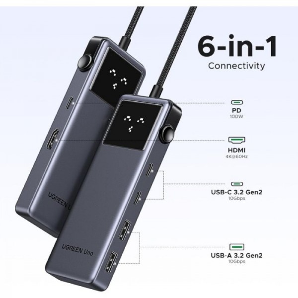 Ugreen Uno 6v1 USB-C hub z 10Gbps USB-C in USB-A ter 4K@60Hz HDMI izhodi Ugreen Uno 6v1 USB-C hub z 10Gbps USB-C in USB-A ter 4K@60Hz HDMI izhodi