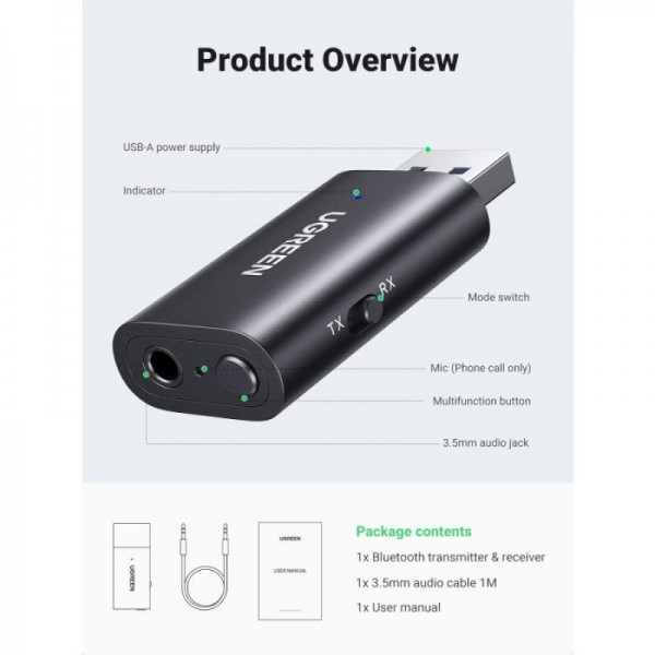 UGREEN bluetooth 5.1 brezžični oddajnik/sprejemnik 2v1 za TV, Domači avdio sprejemnik, Avtoradio,...