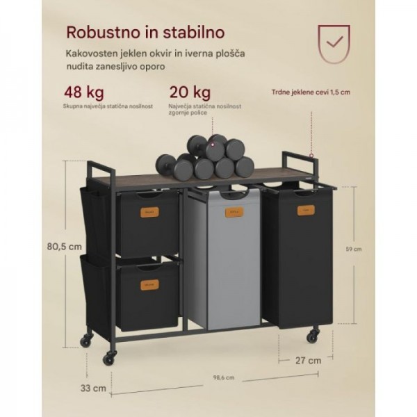 VASAGLE košara za perilo črna 4/1 150L