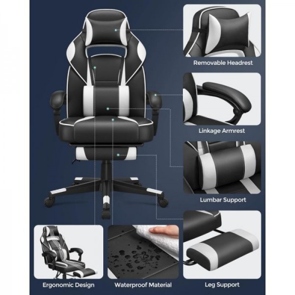 SONGMICS Gaming stol, črno-bel OBG73BW