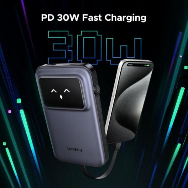 Ugreen Uno 10.000mAh 30w QC polnilna prenosna baterija z vgrajenim USB-C kablom Ugreen Uno 10.000mAh 30w QC polnilna prenosna baterija z vgrajenim USB-C kablom