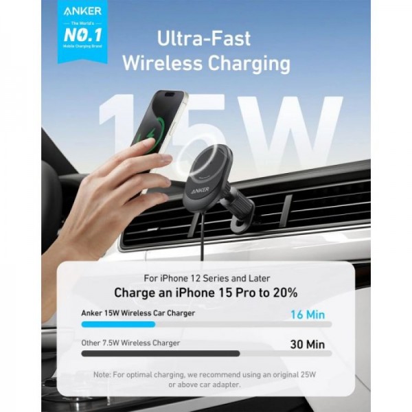 Anker MagGo brezžični avtopolnilec z vgrajenim USB-C kablom, 15W