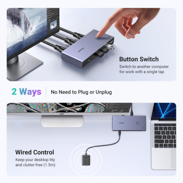 Ugreen USB 3.0 KVM stikalo za upravljanje 2 računalnikov Ugreen USB 3.0 KVM stikalo za upravljanje 2 računalnikov