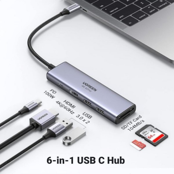 Ugreen 6v1 USB-C HUB 4K HDMI+čitalec kartic+2xUSB+PD 100W