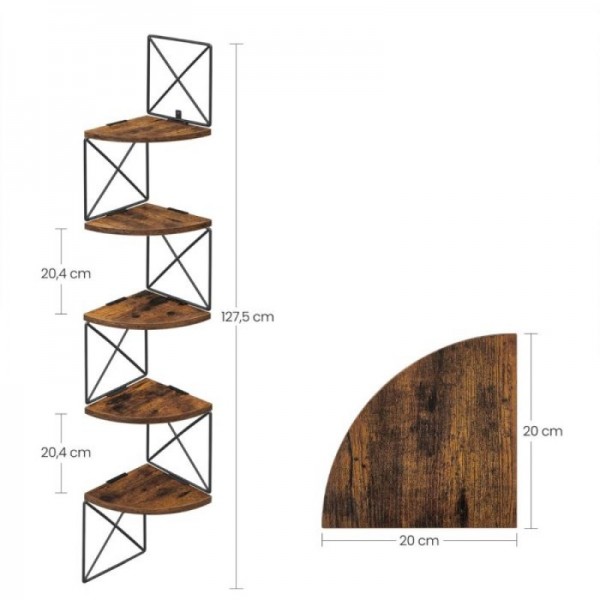 VASAGLE stenski kotni regal, 5-nivojski, rustikalno rjav in črn, 127,5 × 20 × 20 cm, industrijski slog