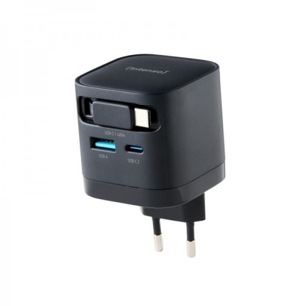 Intenso 65W GaN napajalnik z vgrajenim kablom USB-C, črn