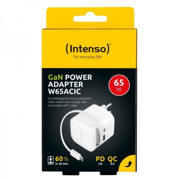 Intenso 65W GaN napajalnik z vgrajenim kablom USB-C, bel