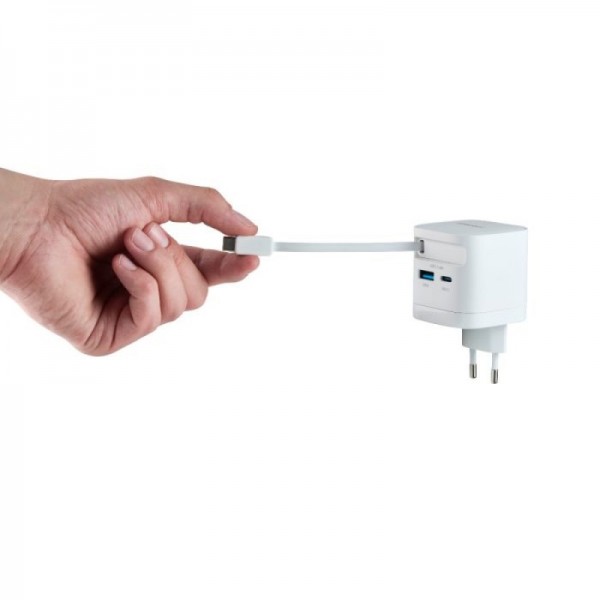 Intenso 65W GaN napajalnik z vgrajenim kablom USB-C, bel