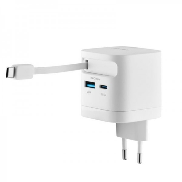 Intenso 65W GaN napajalnik z vgrajenim kablom USB-C, bel