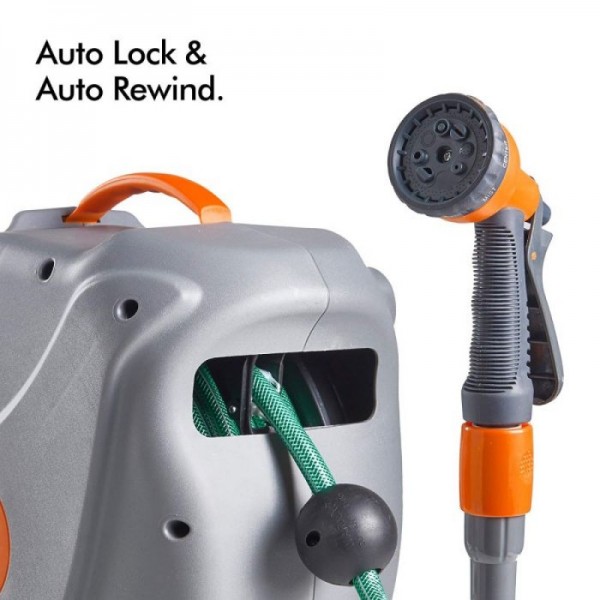 VonHaus stenski nosilec za cev 30m auto Roll-Up 8-funkcijska razpršilna pištola