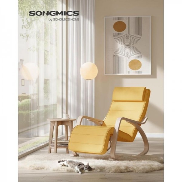 SONGMICS pomirjujoč leseni gugalni stol z nastavljivim podnožjem rumen