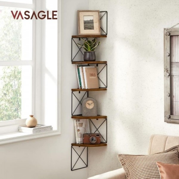 VASAGLE stenski kotni regal, 5-nivojski, rustikalno rjav in črn, 127,5 × 20 × 20 cm, industrijski slog