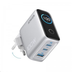 Anker 100W GaN Smart Display 3-portni polnilec, srebrn
