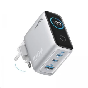 Anker 100W GaN Smart Display 3-portni polnilec, srebrn