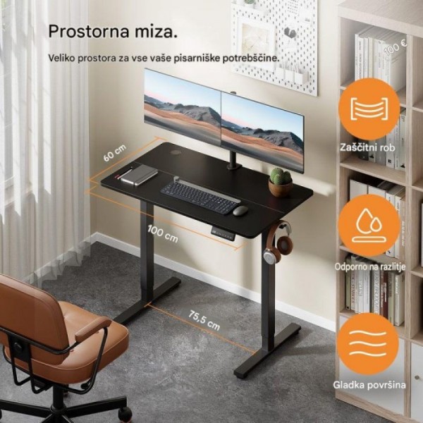 VonHaus Bela električno nastavljiva dvižna pisalna miza 100 × 60 cm z USB-C polnilnim priključkom