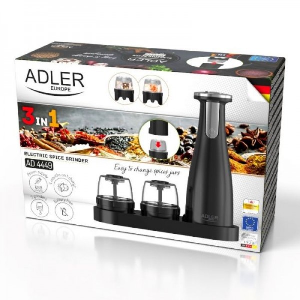 Adler AD4449b Električni mlin za sol in poper -set 3brusilniki -USB črn