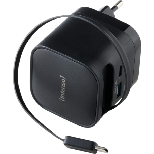 Intenso 65W GaN napajalnik z vgrajenim kablom USB-C, črn
