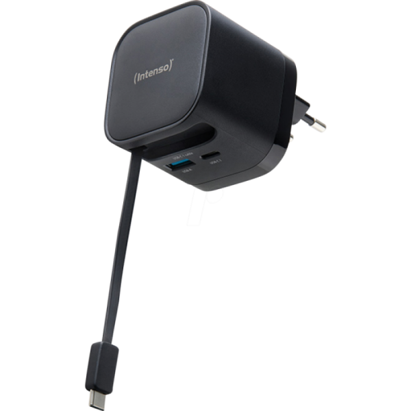 Intenso 65W GaN napajalnik z vgrajenim kablom USB-C, črn