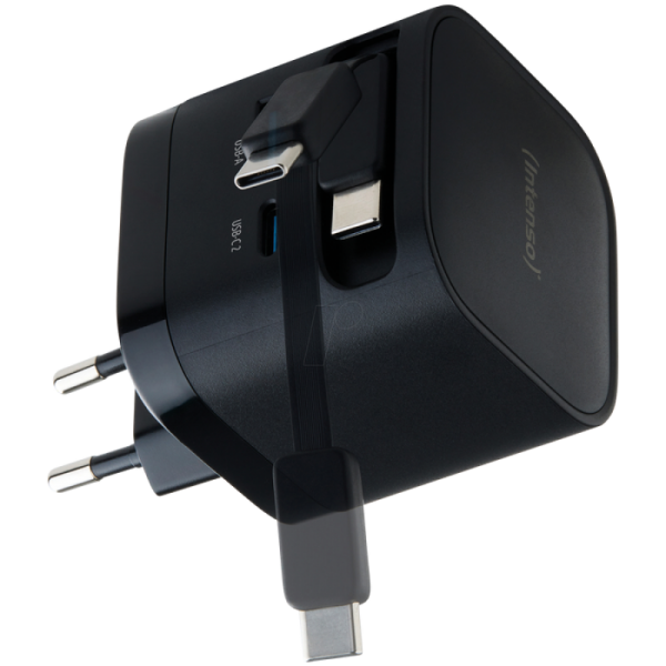 Intenso 65W GaN napajalnik z vgrajenim kablom USB-C, črn