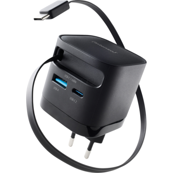 Intenso 65W GaN napajalnik z vgrajenim kablom USB-C, črn