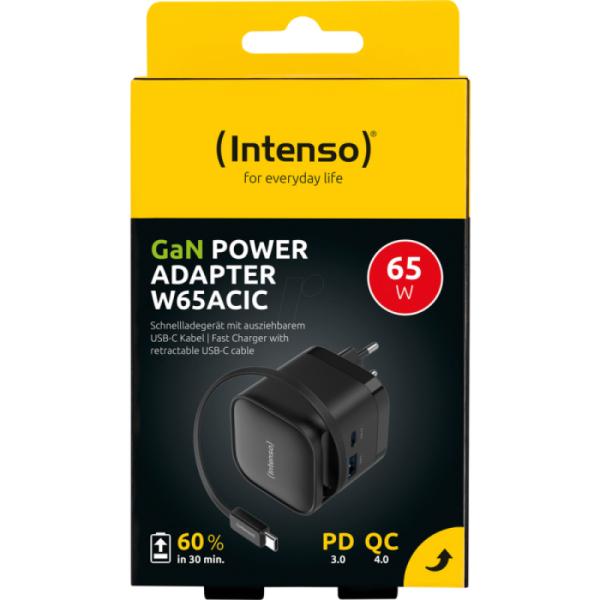 Intenso 65W GaN napajalnik z vgrajenim kablom USB-C, črn