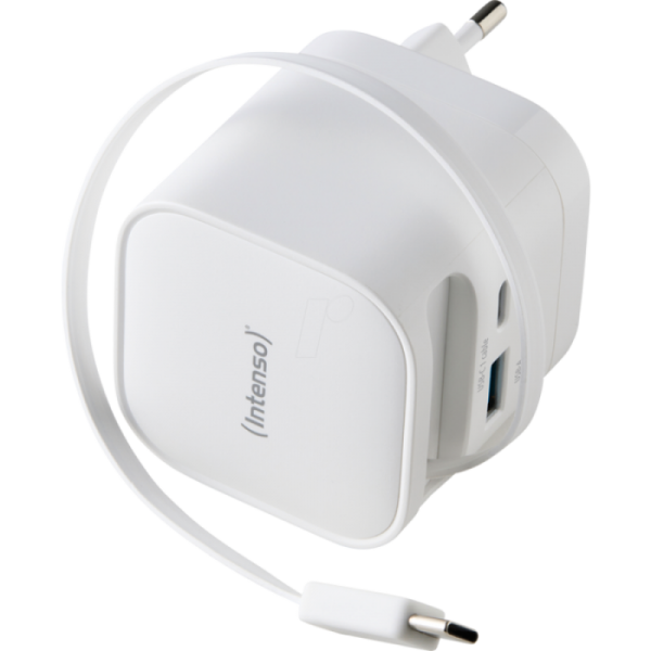 Intenso 65W GaN napajalnik z vgrajenim kablom USB-C, bel