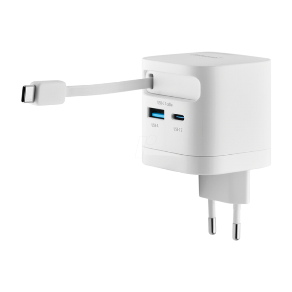 Intenso 65W GaN napajalnik z vgrajenim kablom USB-C, bel