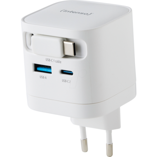 Intenso 65W GaN napajalnik z vgrajenim kablom USB-C, bel