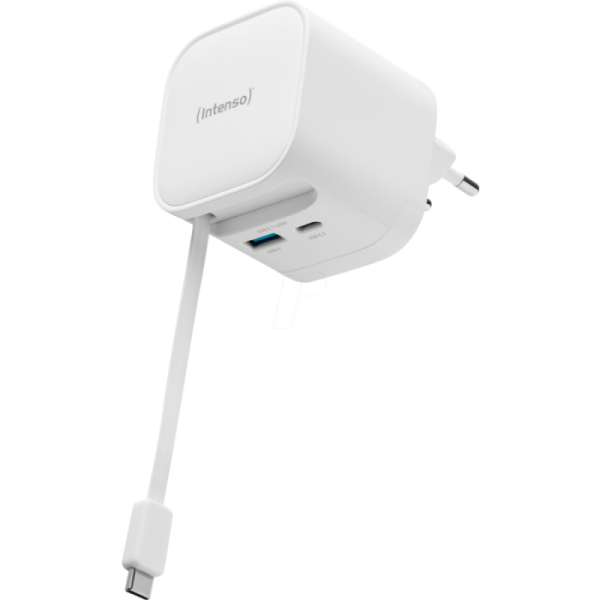 Intenso 65W GaN napajalnik z vgrajenim kablom USB-C, bel