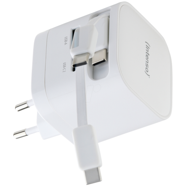 Intenso 65W GaN napajalnik z vgrajenim kablom USB-C, bel