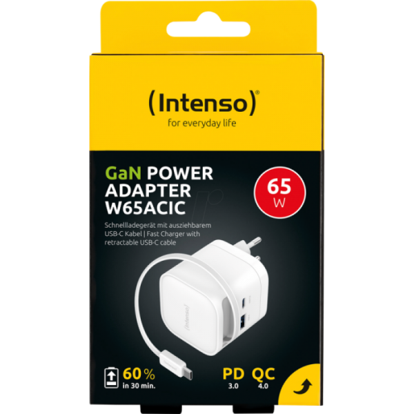 Intenso 65W GaN napajalnik z vgrajenim kablom USB-C, bel
