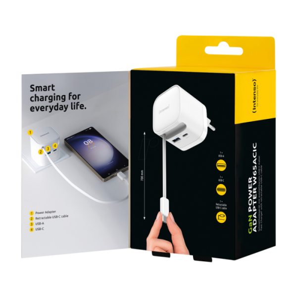 Intenso 65W GaN napajalnik z vgrajenim kablom USB-C, bel