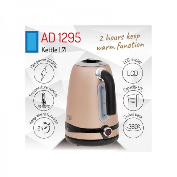 Adler grelnik vode 1,7L z LCD zaslonom/nastavitev temperature šampanjec barva AD1295
