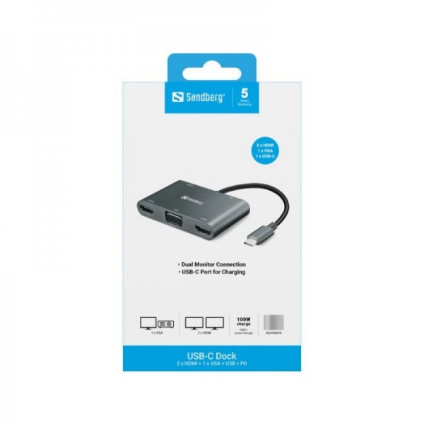 Sandberg USB-C Dock 2xHDMI+1xVGA+USB+PD priklopna postaja
