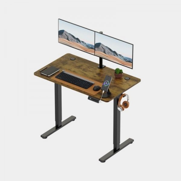 VonHaus Dvižna pisalna miza 100 × 60 cm – orehova plošča, črno podnožje, USB-C