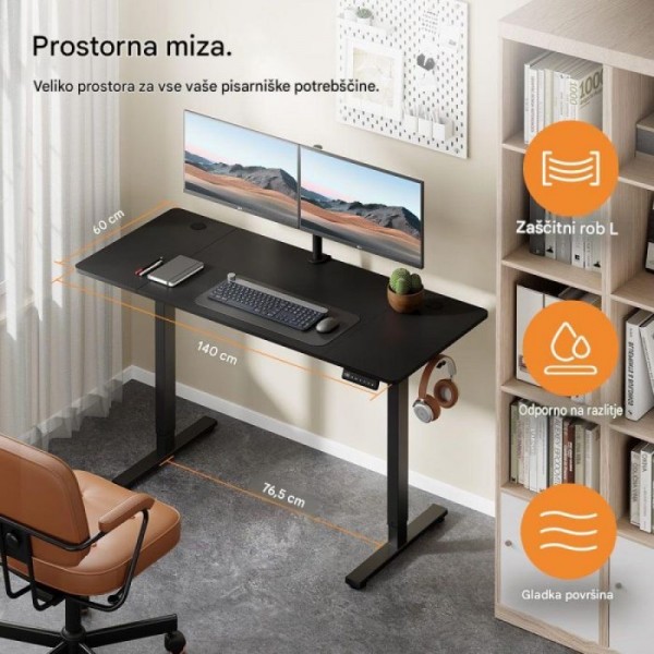 VonHaus Električna dvižna pisalna miza 140 × 60 belo podnožje z javorjevo del. ploščo, USB-C polnilni priključek