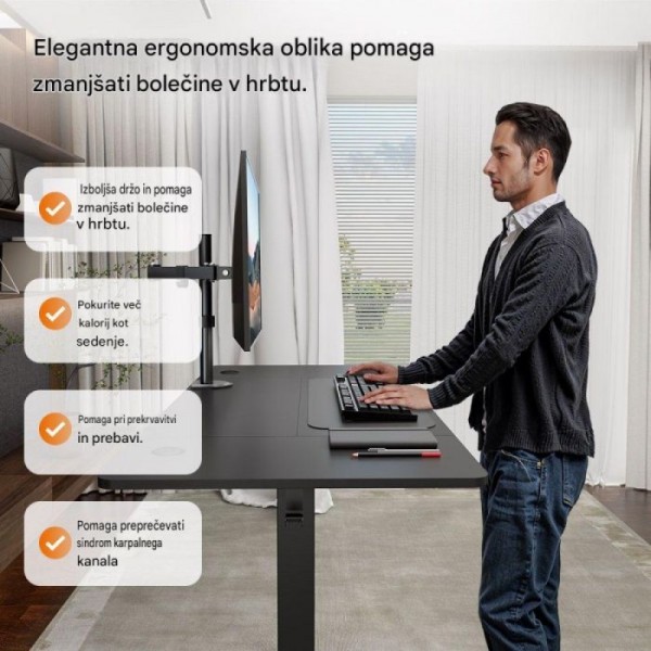 VonHaus Električna dvižna pisalna miza 140 × 60 belo podnožje z javorjevo del. ploščo, USB-C polnilni priključek