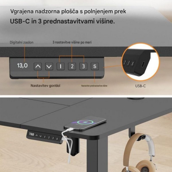 VonHaus Črna električno nastavljiva dvižna pisalna miza 100 × 60 cm z USB-C polnilnim priključkom