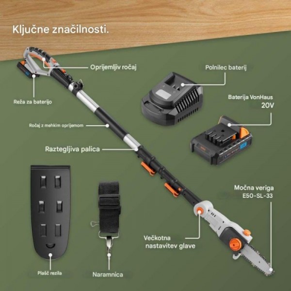 VonHaus Brezžična teleskopska verižna žaga 3519007 VonHaus Brezžična teleskopska verižna žaga 3519007