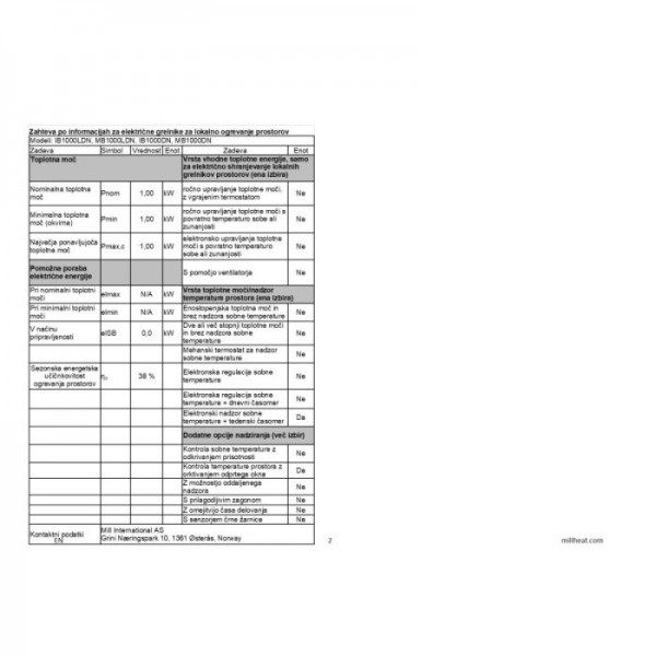 MILL panelni konvekcijski radiator 1000W jeklo low profile