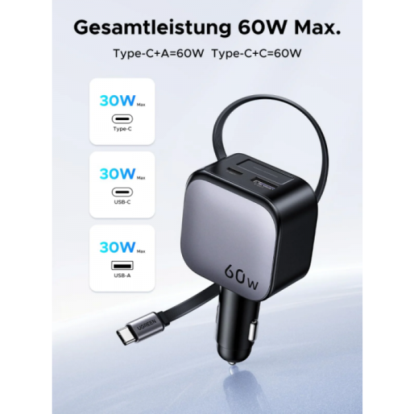 Ugreen 60W avtopolnilec z vgrajenim USB-C kablom Ugreen 60W avtopolnilec z vgrajenim USB-C kablom